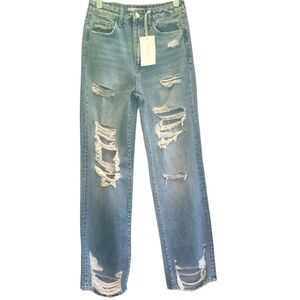 Flying Monkey Distressed High Rise Wide Leg Denim Jeans